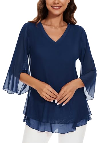 Actcat Bluse Damen Elegant 3/4 Ärmel Tunika Locker Blumen Oberteile V-Ausschnitt Mesh Doppellagige Shirt festliches Outfit Damen Chiffon Bluse Damen mesh Oberteile Damen elegant Damen blusen von Actcat