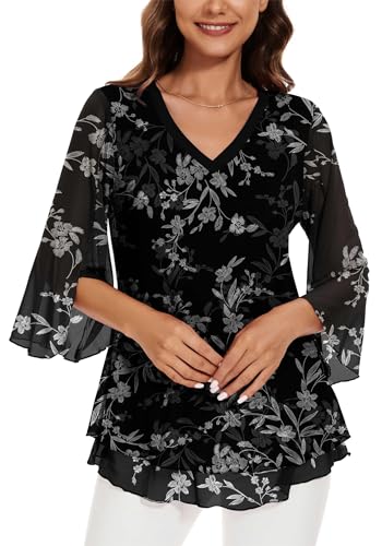 Actcat Damen Mesh Bluse 3/4 Arm Blumen Tunika Shirt Elegant Doppellagig V-Ausschnitt berteile Mesh Locker Longshirt Hochzeit Pullover Damen Bluse Damen elegant Slim Bright sexy Oberteil Damen von Actcat