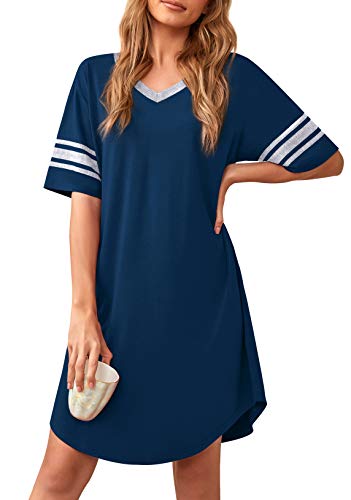 Actcat Damen Nachthemd Sexy Schlafshirt T-Shirt mit V-Ausschnitt Kurzarm Nachtwäsche Nachtkleid aus weichem Stoff Freizeitkleid nachthemden für Damen Nachthemd Damen Baumwolle,S von Actcat