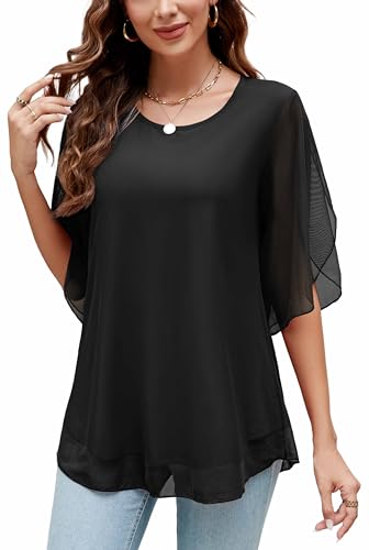 Actcat Damen Rüschen 3/4 Ärmel Mesh Blusen Lose Flowy Tops Stretch Shirts Crinkle Bluse Damen elegant damenblusen elegant mesh Shirt Damen Umstandsbluse Bluse Damen Sommer elegant von Actcat