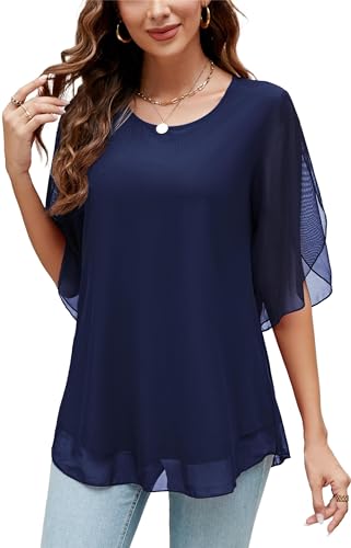 Actcat Damen Rüschen 3/4 Ärmel Mesh Blusen Lose Flowy Tops Stretch Shirts Crinkle Bluse Damen elegant damenblusen elegant mesh Shirt Damen Umstandsbluse Damen große größen von Actcat