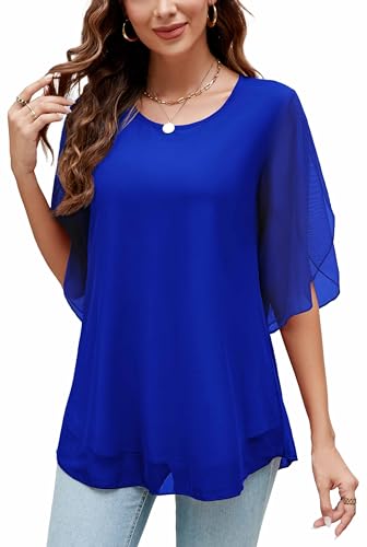 Actcat Damen Rüschen 3/4-Ärmel Mesh Blusen Lose Flowy Tops Stretch Shirts Crinkle Bluse Elegante Umstandsbluse von Actcat