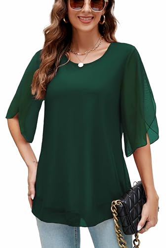 Actcat Damen Rüschen 3/4 Ärmel Mesh Blusen Lose Flowy Tops Stretch Shirts Crinkle blusen Damen Sommer Damenbluse von Actcat