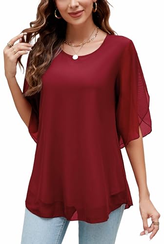 Actcat Damen Rüschen 3/4 Ärmel Mesh Blusen Lose Flowy Tops Stretch Shirts Crinkle blusen Damen Sommer Damenbluse von Actcat