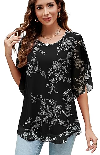 Actcat Damen Rüschen 3/4 Ärmel Mesh Blusen Lose Flowy Tops Stretch Shirts Crinkle blusen Damen Sommer Damenbluse von Actcat