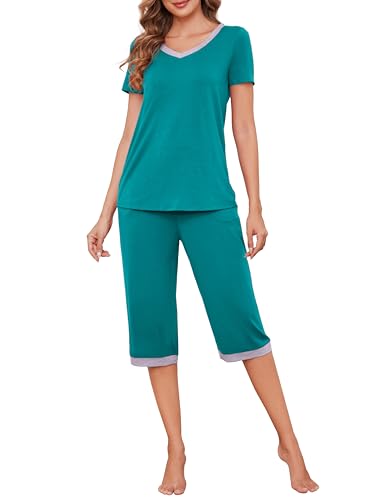 Actcat Damen Schlafanzug V-Ausschnitt Kurzarm Schlafanzugoberteile und 3/4 Lang Schlafanzughose Nachtwäsche Dunkles See Blau XXL von Actcat