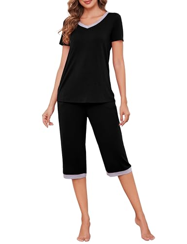 Actcat Damen Schlafanzug V-Ausschnitt Kurzarm T Shirt und 3/4 Lang Schlafanzughosen Zweiteiler Sleepwear Schwarz XL von Actcat