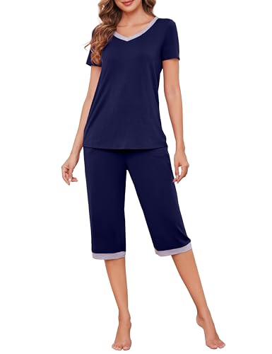 Actcat Damen Schlafanzug V-Ausschnitt Kurzarm Top und 3/4 Lang Hose Zweiteiler Nachtwäsche Marine Blau S von Actcat