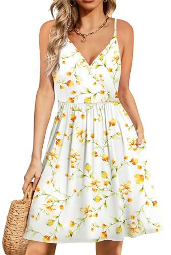 Actcat Damen V-Ausschnitt Ärmellos Blumen Sommerkleid Swing Kleid Verstellbaren Spagettiträgern Trägerkleid Midikleid Strandkleid mit Taschen perfekt für Sommer und Strand von Actcat