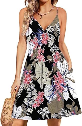 Actcat Damen V-Ausschnitt Ärmellos Blumen Sommerkleid Swing Kleid Verstellbaren Spagettiträgern Trägerkleid Midikleid Strandkleid mit Taschen perfekt für Sommer und Strand von Actcat