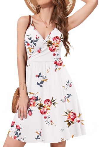 Actcat Damen V-Ausschnitt Ärmellos Blumen Sommerkleid Swing Kleid Verstellbaren Spagettiträgern Trägerkleid Midikleid Strandkleid mit Taschen perfekt für Sommer und Strand von Actcat
