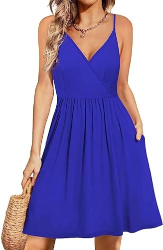 Actcat Damen V-Ausschnitt Ärmellos Blumen Sommerkleid Swing Kleid Verstellbaren Spagettiträgern Trägerkleid Midikleid Strandkleid mit Taschen perfekt für Sommer und Strand von Actcat