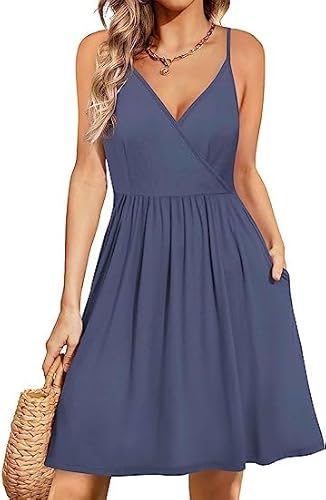 Actcat Damen V-Ausschnitt Ärmellos Blumen Sommerkleid Swing Kleid Verstellbaren Spagettiträgern Trägerkleid Midikleid Strandkleid mit Taschen perfekt für Sommer und Strand von Actcat