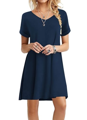 Actcat Sommerkleid Damen Kurzarm Loose Swing-Kleid mit Taschen A-Linie Casual Kleider,Kurzarm Tshirt Kleid Locker Midi Kleider Knielang Schwingen Sommerkleid Strandkleid mit Taschen,Navy,M von Actcat