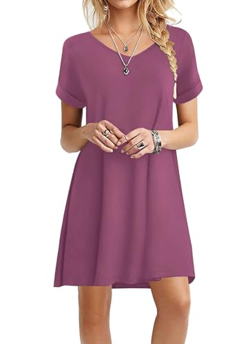 Actcat Sommerkleid Damen Kurzarm Loose Swing-Kleid mit Taschen A-Linie Casual Kleider,Shirtkleid Damen t Shirt Kleid Damen Kleider Damen festlich sexy Kleid Damen Damen Strickkleid,Mauve,L von Actcat