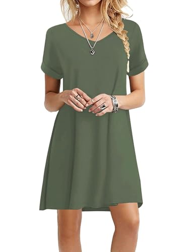 Actcat Sommerkleid Damen Kurzarm Loose Swing-Kleid mit Taschen A-LinieCasual Sommer T Shirt Kleid Kurzarm Swing Kleider,Army Green,XXL von Actcat