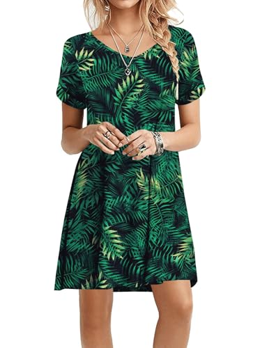 Actcat Sommerkleid Damen Kurzarm Loose Swing-Kleid mit Taschen A-LinieCasual Sommer T Shirt Kleid Kurzarm Swing Kleider,Floral Green,XXL von Actcat