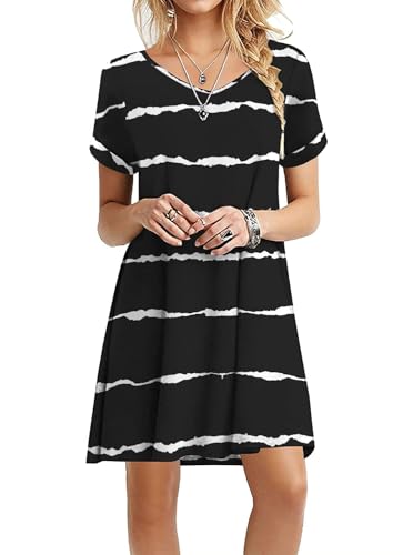 Actcat Sommerkleid Damen Kurzarm Loose Swing-Kleid mit Taschen A-LinieCasual Sommer T Shirt Kleid Kurzarm Swing Kleider,Stripe Black,XXL von Actcat