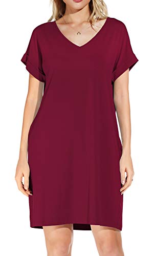 Actcat Sommerkleid Damen Kurzarm Loose Swing-Kleid mit Taschen A-LinieCasual Sommer T Shirt Kleid Kurzarm Swing Kleider,Wine Red,XXL von Actcat