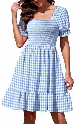 Actcat Frauen Blusenkleid mit Puffärmeln, Schulterfreies Minikleid, Viereckiger Ausschnitt, figurbetontes Kurzarmkleid, süßer Resort-Stil Strandkleid Kleid festlich Damen,Hellblau,M von Actcat