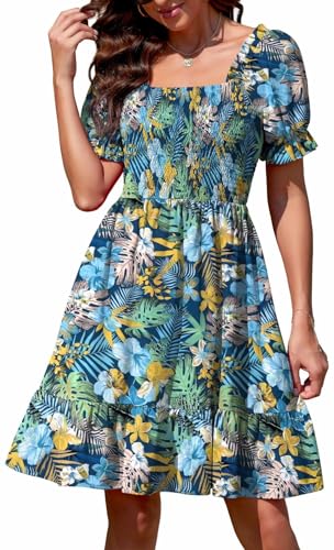 Actcat Frauen Blusenkleid mit Puffärmeln, Schulterfreies Minikleid, Viereckiger Ausschnitt, figurbetontes Kurzarmkleid, süßer Resort-Stil Strandkleid langes Kleid Piraten Kleid,Blauer Druck,XL von Actcat