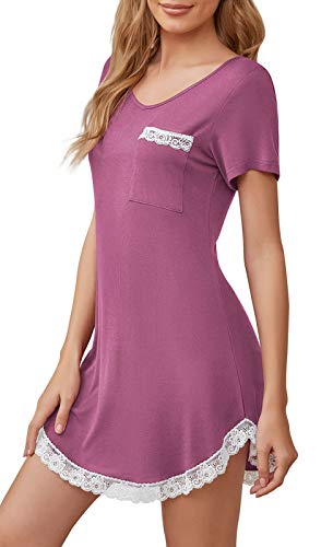 Actcat Frauen Kurzarm Nachthemd Baumwolle Sexy Elegante Spitze Nachtwäsche mit Schlafhemd Stillnachthemd mit Rüschen Nachtkleid Nachthemd Damen Baumwolle Negligee Damen sexy S-XXL von Actcat