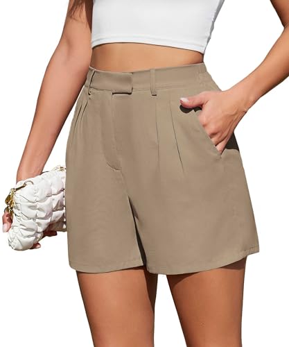 Actcat Frauen Sommer Lose Casual Bequeme Shorts Zurück Elastische Taille Weite Beinhose mit Taschen Summer Damen-Shorts Kurze Hose Damen Jeans Shorts Damen high Waist,Khaki,L von Actcat