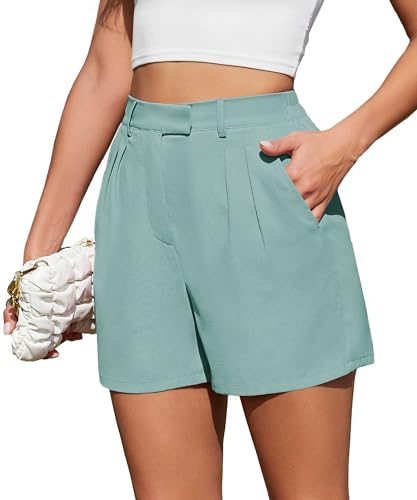 Actcat Frauen Sommer Lose Casual Bequeme Shorts Zurück Elastische Taille Weite Beinhose mit Taschen Summer Damen-Shorts Kurze Hose Damen Jeans Shorts Damen high Waist,Light Green,L von Actcat