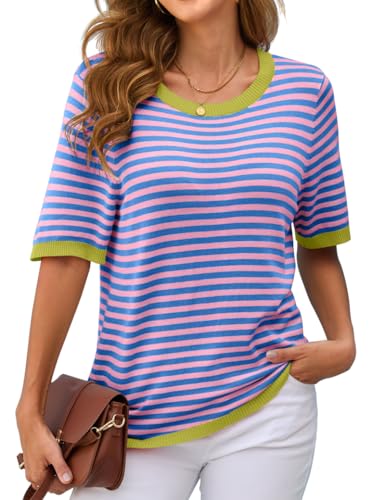 Actcat Gestreiftes Kurzarm-Sommershirt für Damen Streifen Bluse Damen Sommer Bekleidung Kurzarm Tshirt Damenblusen Casual Stricken Pullover Blue Pink XL von Actcat