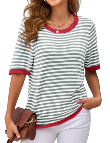 Actcat Gestreiftes Kurzarm-Sommershirt für Damen Streifen Bluse Damen Sommer Rundhals Kurzarm Oberteil Damenblusen Casual Stricken Pullover Gray White M von Actcat
