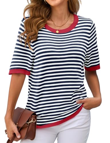 Actcat Gestreiftes Kurzarm-Sommershirt für Damen Streifen Bluse Damen Sommer Rundhals Kurzarm Tshirt Damenblusen Casual Stricken Pullover Blue White XXL von Actcat