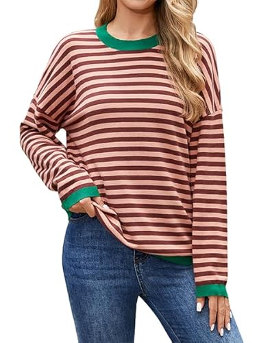 Actcat Langarmhemden Pullover Damen Gestreiftes Sweatshirt Damen Langarmshirt Rundhals Baumwolle Oberteile Baumwolle Casual Stricken Pulli Brown,S von Actcat