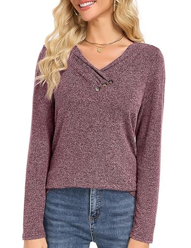 Actcat Langarmshirt Damen T-Shirt Damen V-Ausschnitt Oberteile Herbst Knöpfe Casual Blus,Rust Red M von Actcat