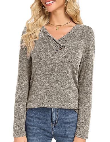 Actcat Langarmshirt Damen V-Ausschnitt Oberteile Damen Herbst Knöpfe Casual Bluse,Khaki S von Actcat