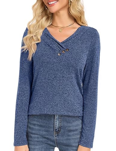 Actcat Langarmshirt Damen V-Ausschnitt Oberteile Damen Herbst Locker Herbst Basic Tunika,Navy XL von Actcat