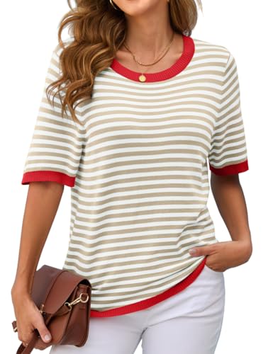 Actcat Oberteil Damen Elegant Streifen Bluse Damen Sommer Rundhals Kurzarm Tshirt Damenblusen Casual Stricken Pullover Coffee White XL von Actcat
