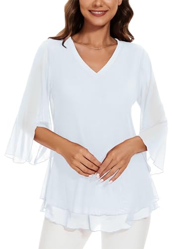 Actcat Damen Mesh Bluse 3/4 Arm Blumen Tunika Shirt Elegant Doppellagig V-Ausschnitt berteile Mesh Locker Longshirt Hochzeit Pullover Damen Bluse Damen elegant Slim Bright sexy Oberteil Damen von Actcat