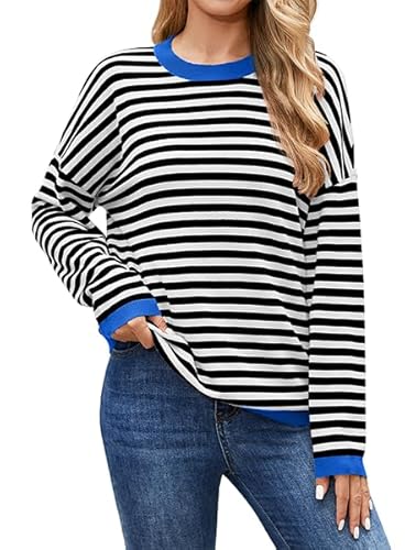 Actcat Pullover Damen Gestreiftes Sweatshirt Damen Langarmshirt Rundhals Baumwolle Oberteile Baumwolle Casual Stricken Pulli Black White,L von Actcat