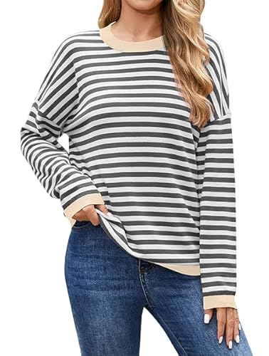 Actcat Pullover Damen Gestreiftes Sweatshirt Damen Langarmshirt Rundhals Baumwolle Oberteile Baumwolle Casual Stricken Pulli Gray White,S von Actcat