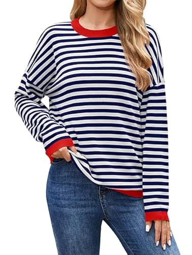 Actcat Pullover Damen Langarmshirt Gestreiftes Sweatshirt Damen Rundhals Baumwolle Oberteile Baumwolle Casual Stricken Pulli Blue White,L von Actcat