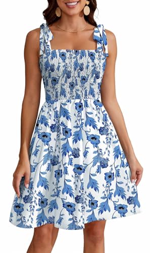 Actcat Sommer Boho Kleid mit Blumendruck, Spaghettiträgern, quadratischem Ausschnitt, hoher Taille, Knielang, ärmellos, 2024 von Actcat