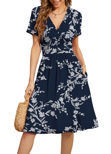 Actcat V-Ausschnitt Kleid Kurzarm Casual Kleider Sommerkleid Floral Party Kleid mit Taschen Kleider elegant blusenkleid Damen blusenkleid Damen Kleid a Linie von Actcat