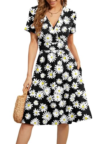 Actcat V-Ausschnitt Kleid Kurzarm Casual Kleider Sommerkleid Floral Party Kleid mit Taschen Kleider elegant blusenkleid Damen blusenkleid Damen Kleid a Linie von Actcat