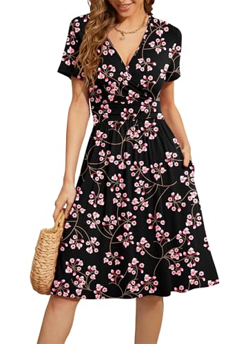 Actcat V-Ausschnitt Kleid Kurzarm Casual Kleider Sommerkleid Floral Party Kleid mit Taschen Kleider elegant blusenkleid Damen blusenkleid Damen Kleid a Linie von Actcat