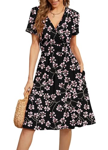 Actcat V-Ausschnitt Kleid Kurzarm Casual Kleider Sommerkleid Floral Party Kleid mit Taschen Kleider elegant blusenkleid Damen blusenkleid Damen Kleid a Linie von Actcat