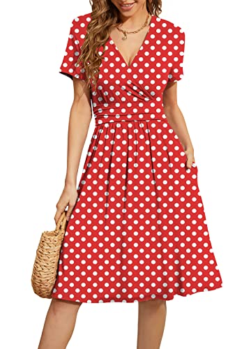 Actcat V-Ausschnitt Kleid Kurzarm Casual Kleider Sommerkleid Floral Party Kleid mit Taschen Kleider elegant blusenkleid Damen blusenkleid Damen Kleid a Linie von Actcat