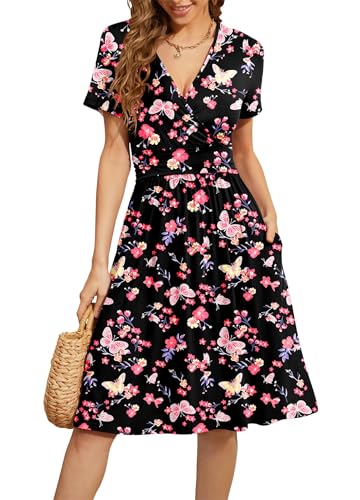 Actcat V-Ausschnitt Kleid Kurzarm Casual Kleider Sommerkleid Floral Party Kleid mit Taschen Kleider elegant blusenkleid Damen blusenkleid Damen Kleid a Linie von Actcat
