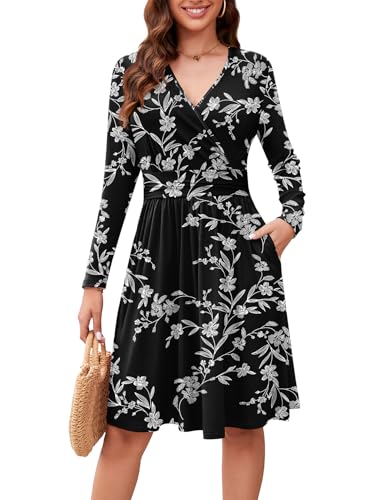 Actcat V-Ausschnitt Pullover Kleid Langarm Casual Kleider Herbst Kleid Floral Party Kleid mit Taschen Herbstkleid Winterkleider Damen Festliche Kleider für Damen Weihnachtskleid White Black,XXL von Actcat