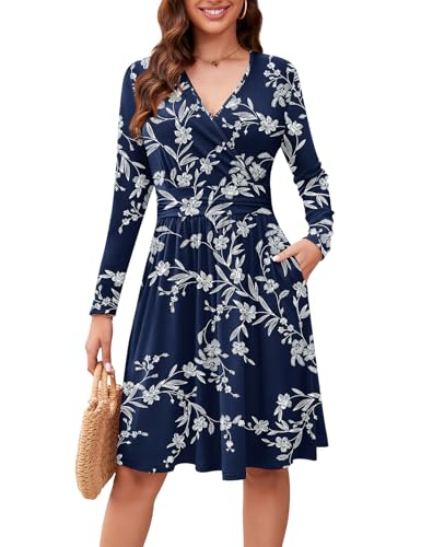 Actcat V-Ausschnitt Pullover Kleid Langarm Casual Kleider Herbst Kleid Floral Party Kleid mit Taschen Herbstkleid Winterkleider Damen Festliche Kleider für Damen Weihnachtskleid White Navy,XXL von Actcat