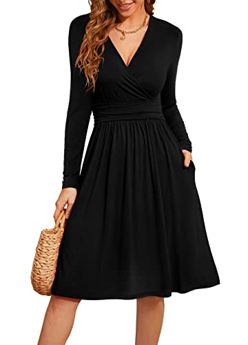 Actcat V-Ausschnitt Pullover Kleid Langarm Casual Kleider Herbst Kleid Floral Party Kleid mit Taschen Kleid schwarz Damen Winterkleider Damen Festliche Kleider für Damen weihnachtskleid,Schwarz,M von Actcat